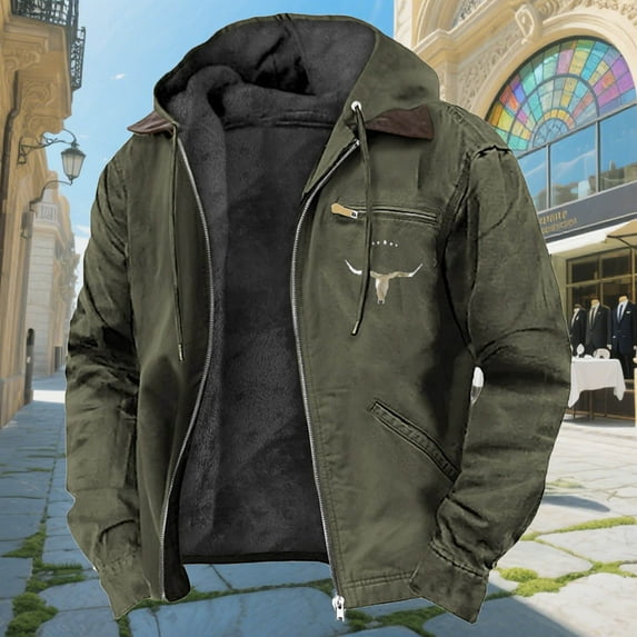 Royisotas Jackets for Men Solid Color Outwear Winter Cargo Zipper Long Sleeve with Pockets Mens Coats