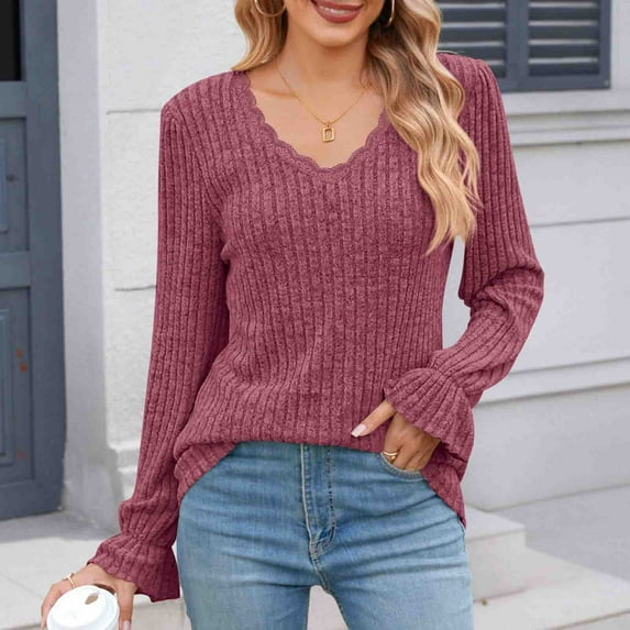 Royisotas Knit Striped Tops for Women Plus Size Long Sleeve Fall and Winter Purple Casual Women Blouses Loose Fit Ruffle Sleeve Comfy V-Neck Tshirt