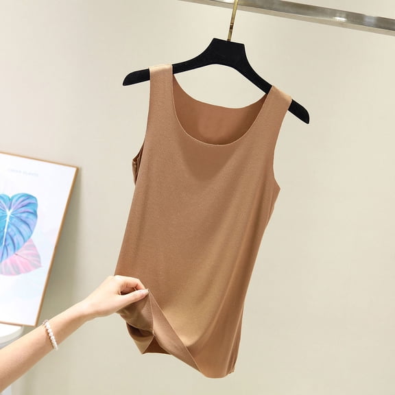 Royisotas Ladies Tank Tops Khaki Casual Summer Sleeveless Womens Camisole Solid Color Crew Neck Cami Tops Plus Size