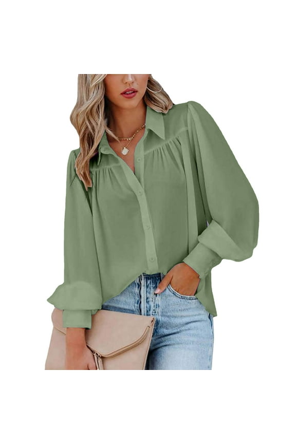 Lantern Sleeve Womens Plus Size Tops Fitted Long Sleeve Winter Casual Womens Button Down Blouses Green Silk Collared Button up Shirts