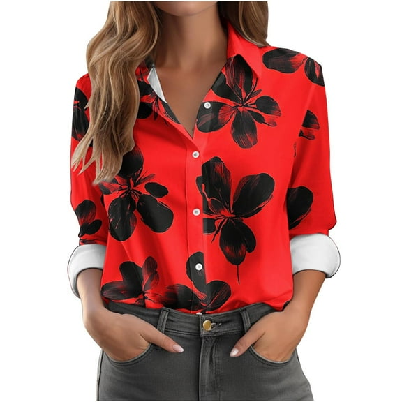 Royisotas Tops for Women Plus Size Long Sleeve Casual Winter Womens Button Down Blouses and Tops Vintage Collared Red Floral Graphic Button up Shirts