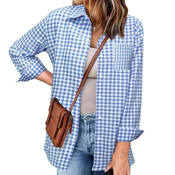 Royisotas Winter Women Plus Size Tops Lapel Long Sleeve Casual Plaid Womens Button Down Blouses and Tops Blue Collared Pocket Button up Shirts
