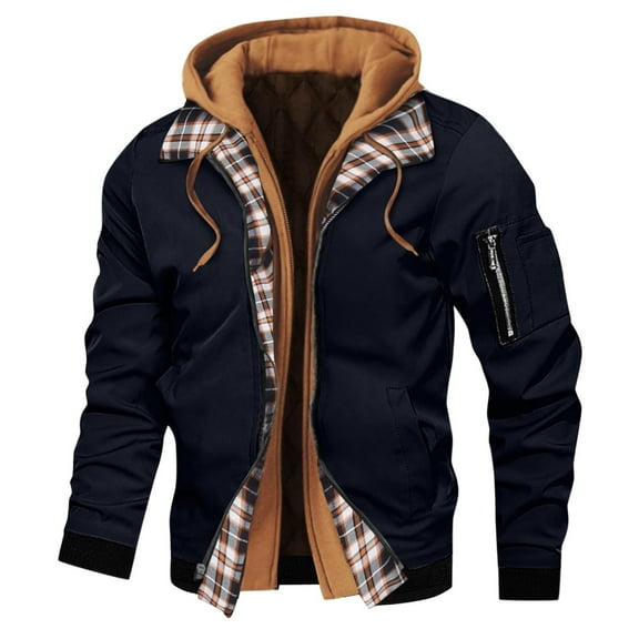 Royisotas Lightweight Jackets for Men Fleece Zipper Outwear Warm Long Sleeve with Hood Solid Color Mens Coats Pockets