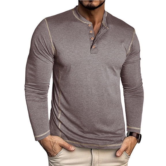 Royisotas Lightweight Shirts for Men Henley Tops Plain Long Sleeve Casual Button Down Pullover Brown Mens T Shirts Winter