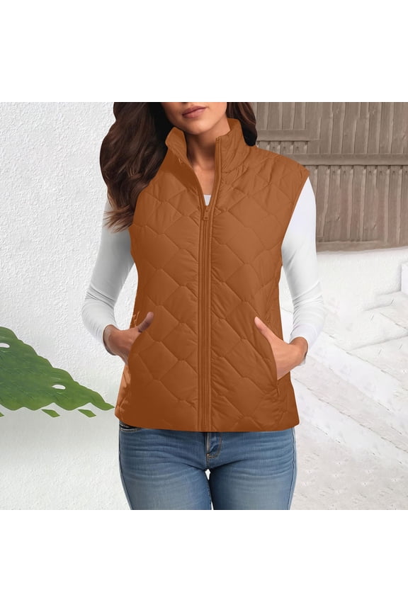 Lightweight Vests for Women Zipper Jacket Wram Stand Collar Brown Quilted Womens Jackets Sleeveless
