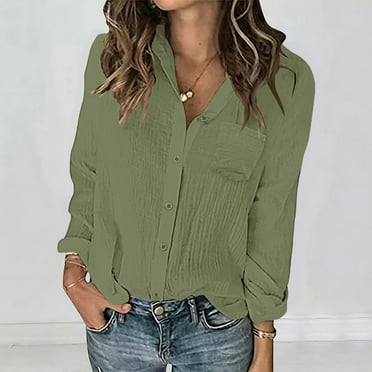 Royisotas Lightweight Women Tops Fall and Winter Casual Long Sleeve Women's Button Down Shirts Green Solid Color Pocket Collared Button up Shirts