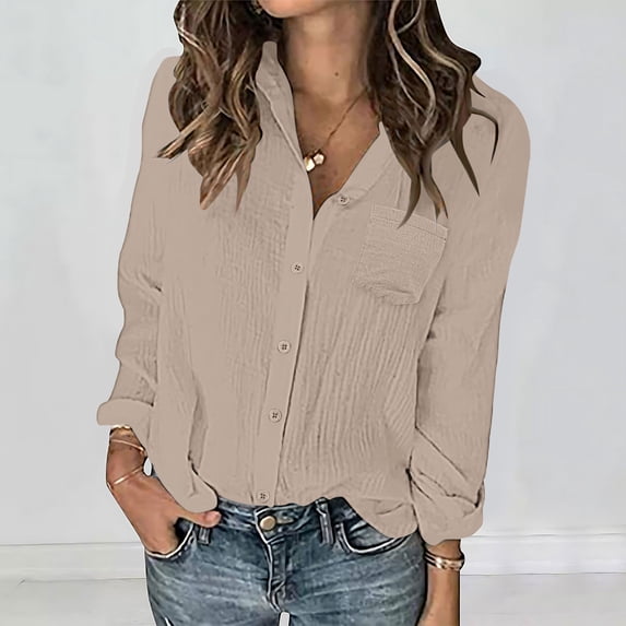 Royisotas Lightweight Women Tops Long Sleeve Casual Fall and Winter Womens Button Down Blouse Solid Color Khaki Pocket Collared Button up Shirts