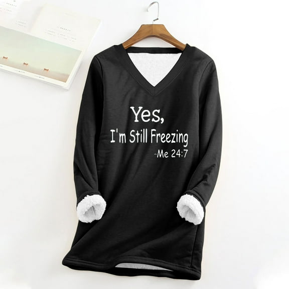 Royisotas Long Sleeve Sweatshirts for Women Fleece Winter Plus Size Letter Print Pullover Tunic Black Casual V-Neck Hoodless Tops