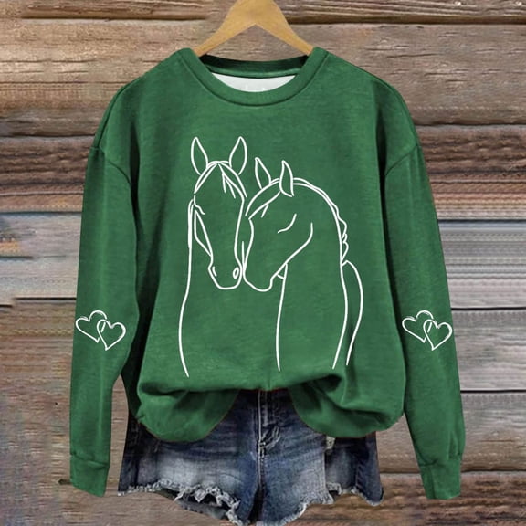 Royisotas Long Sleeve Sweatshirts for Women Plus Size Fleece Winter Horse Print Pullover Loose Fit Casual Crew Neck Hoodless Tops