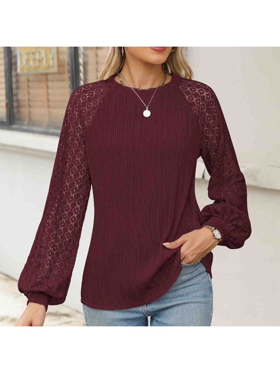 Long Sleeve Tops Women Wine Casual Lace Patchwork Fall and Winter Blouses for Women Plus Size Loose Fit Puffy Sleeve Crew Neck T-Shirts