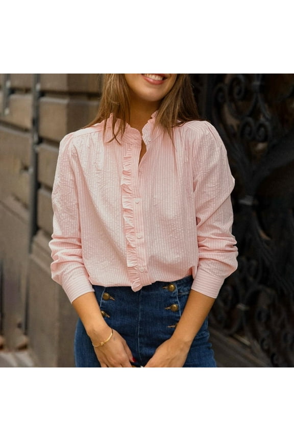 Casual Tops for Women Striped Standing Collar Winter Long Sleeve Women's Button Down Shirts and Blouses Ruffle Pink Button up Shirts
