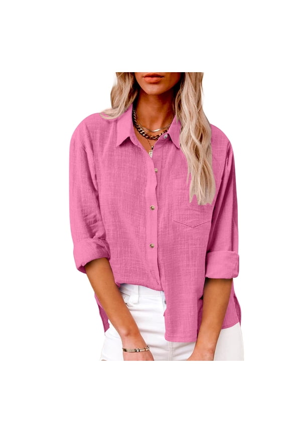 Long Sleeve Tops for Women Fall Tunic Casual Cotton Linen Womens Button Down Blouse Collared Pocket Solid Color Pink Button up Shirts