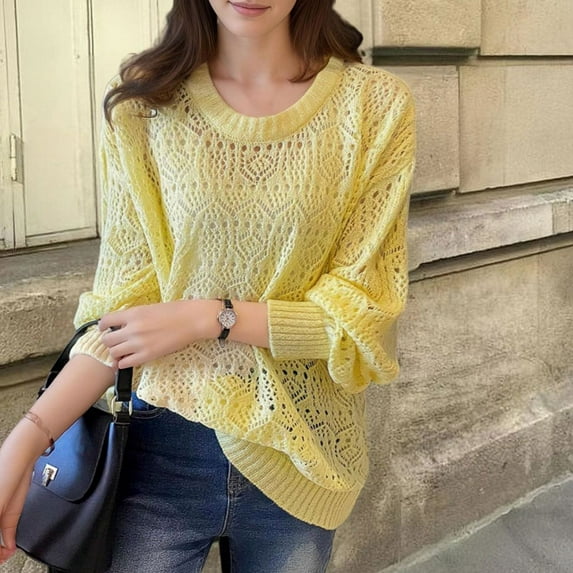 Royisotas Long Sleeve Tops for Women Plus Size Casual Solid Color Yellow Fall and Winter Women's Blouses Elastic Cuff Loose Fit Crew Neck T-Shirts