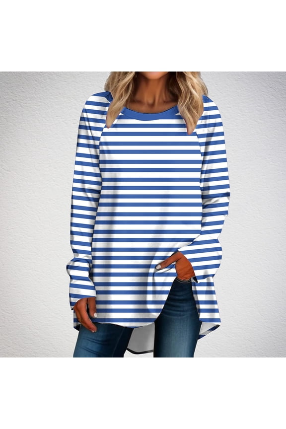 Long Sleeve Women Plus Size Tops Fall and Winter Striped Light Blue Casual Womens Plus Size Blouses Raglan Sleeve Crew Neck Tshirts