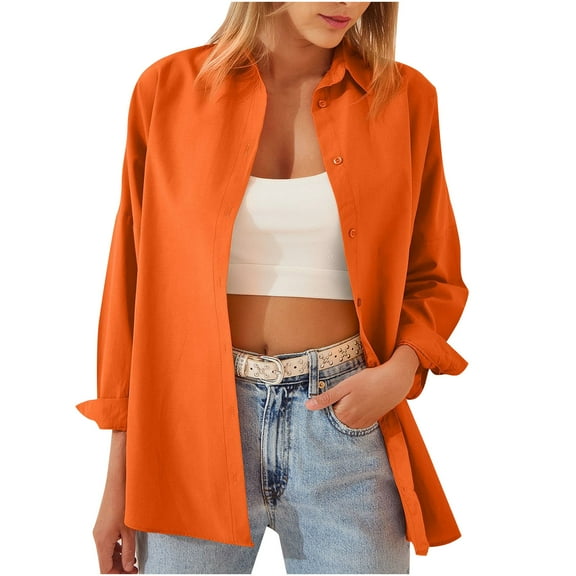 Royisotas Long Sleeve Women Tops Winter Cotton Tunic Casual Womens Button Down Shirt Collared Orange Solid Office Button up Shirts