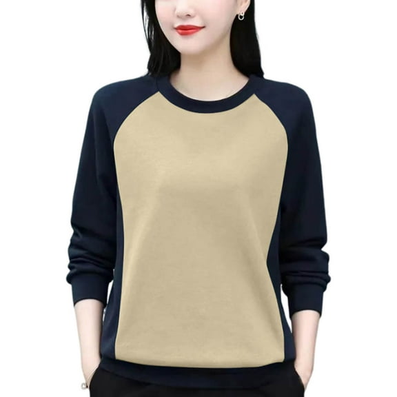 Royisotas Long Sleeve Women's Sweatshirts Color Block Fall Fleece Pullover Beige Crewneck Soft Casual No Hood Tops