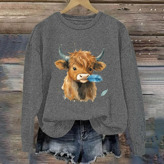Royisotas Long Sleeve Women's Sweatshirts Cow Graphic Fall and Winter Pullover Crew Neck Loose Fit Casual Soft Hoodless Shirts