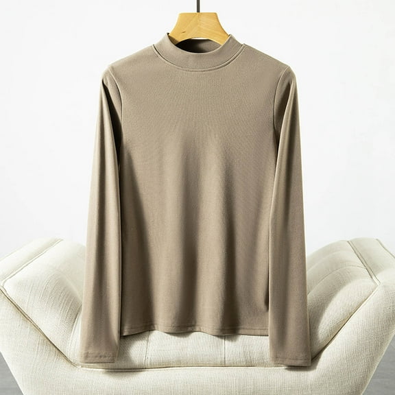 Royisotas Long Sleeve Women's Tops Casual Fall and Winter Khaki Solid Color Women’s Blouses Base Layer Velvet Loose Fit Crew Neck T-Shirts