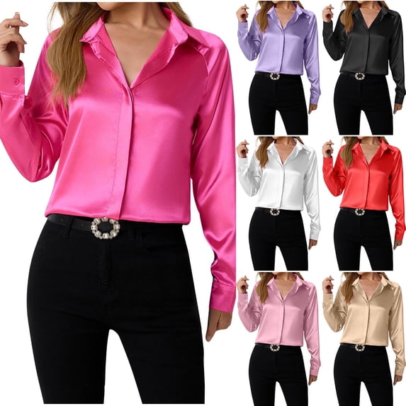 Royisotas Long Sleeve Women's Tops Casual Fall and Winter Womens Button Down Blouses and Tops Dressy Collared White Solid Color Satin Button up Shirts