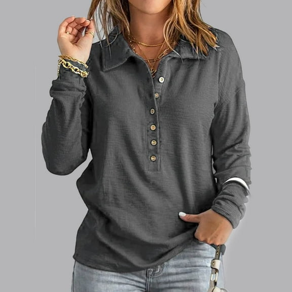 Royisotas Long Sleeve Women's Tops Fall and Winter Knit Striped Casual Womens Button Down Shirt Fitted Gray Soft Collared Button up Shirts