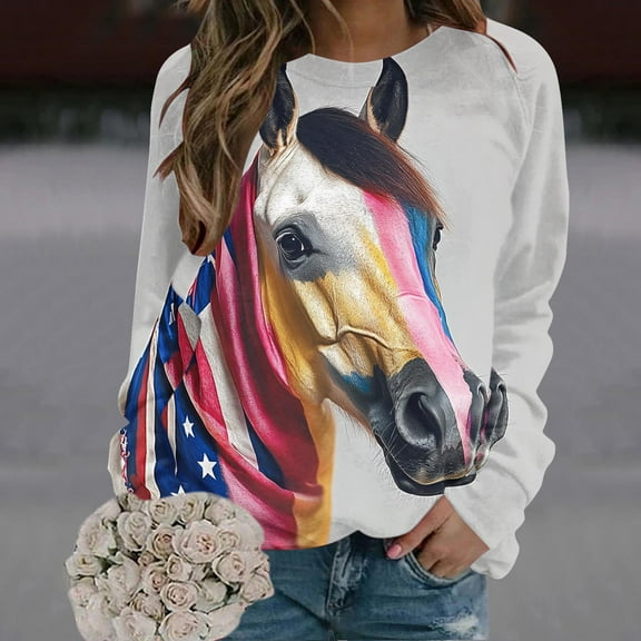 Royisotas Long Sleeve Womens Sweatshirts Horse Graphic Fall and Winter Raglan Pullover Crew Neck Casual Trendy Loose Fit Gray No Hood Tops