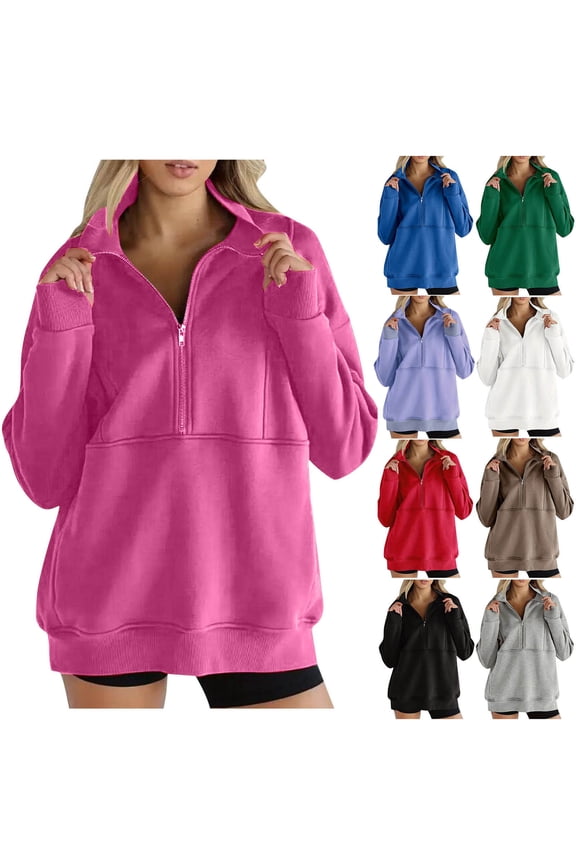 Long Sleeve Womens Sweatshirts Plain Fall Tunic Pullover Half Zip Casual Lapel with Pockets Hoodless Blouse