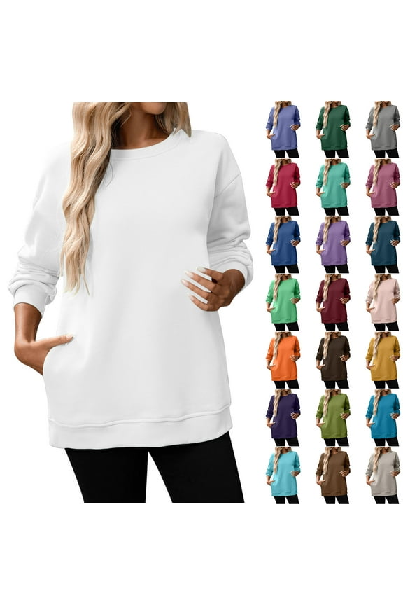 Long Sleeve Womens Sweatshirts Tunic Oversized Plain Crewneck Casual Tops