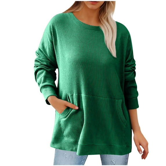Royisotas Long Sleeve Womens Sweatshirts Winter Waffle Knit Solid Tunic Pullover Green Crew Neck with Kangaroo Pocket Casual No Hood Tops