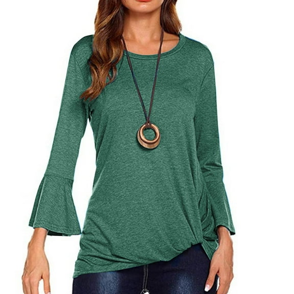 Royisotas Long Sleeve Womens Tops Green Casual Solid Color Fall and Winter Women’s Blouses Flare Sleeve Crew Neck Tunic Tshirts