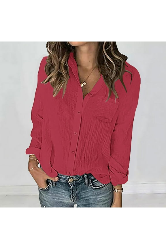 Long Sleeve Womens Tops Lightweight Casual Fall Women Button Down Shirt Solid Color Pocket Red Collared Button up Shirts