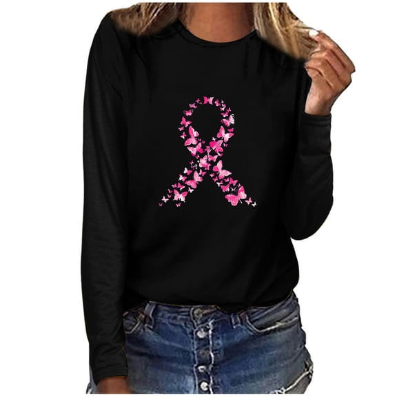 Royisotas Long Sleeve Womens Tops Plus Size Black Breast Cancer Awareness Day Casual Fall Women Shirts Loose Fit Crew Neck TShirts
