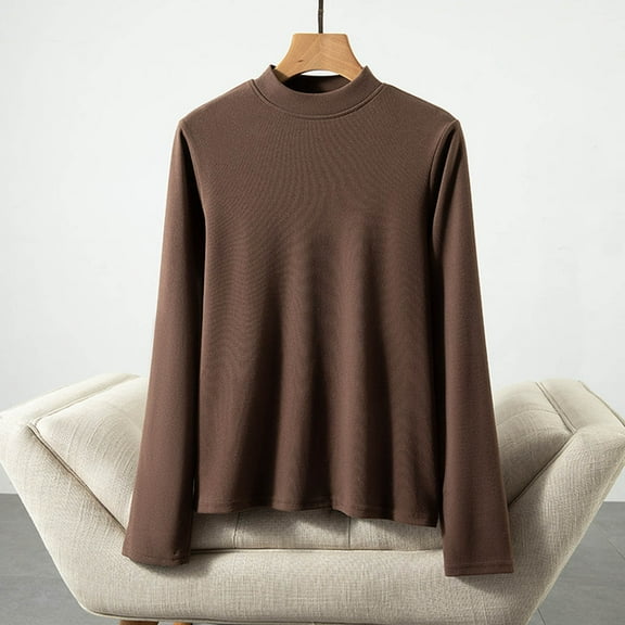 Royisotas Long Sleeve Womens Tops Plus Size Casual Fall and Winter Solid Color Coffee Women Blouses Plus Size Crew Neck Base Layer Velvet Loose Tshirt