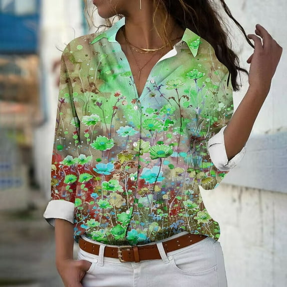 Royisotas Casual Womens Tops Plus Size Lapel Fall and Winter Long Sleeve Womens Button Down Blouse Floral Graphic Green Collared Button up Shirts
