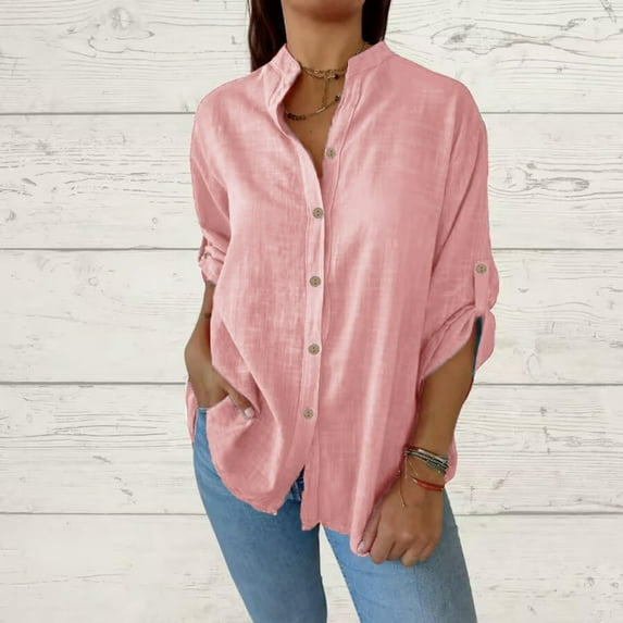 Royisotas Long Sleeve Womens Tops Plus Size Cotton Fall and Winter Tunic Casual Womens Button Down Shirt Pink Solid Color Collared Button up Shirts