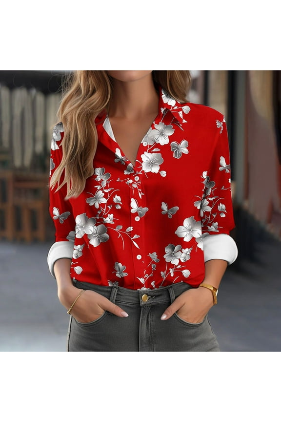Long Sleeve Womens Tops Plus Size Winter Soft Fitted Casual Womens Button Down Blouses Plus Size Floral Red Collared Button up Shirts