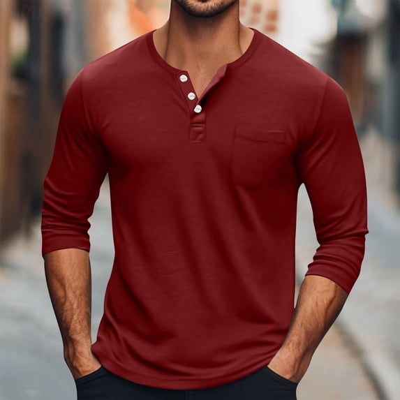 Royisotas Mens Big and Tall Shirts Henley Button Down Tops Winter Pocket Plain Crewneck Casual Long Sleeve T Shirts for Men Red