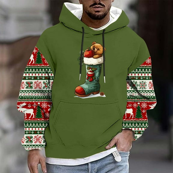 Royisotas Mens Christmas Hoodies Hooded Sweatshirts Fashion Big and Tall Graphic Winter Long Sleeve Tops for Men Green