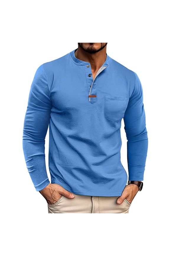 Mens Pocket Shirts Long Sleeve Tops Button Down Henley Winter Crewneck Blue T Shirts for Men Casual