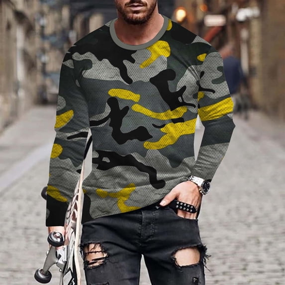 Royisotas Mens Shirts Long Sleeve Lightweight Tops Pullover Graphic Crewneck Big and Tall Yellow T Shirts for Men Winter
