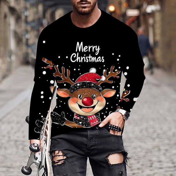 Royisotas Mens Shirts Long Sleeve Pullover Winter Tops Athletic Christmas Crewneck Black Graphic T Shirts for Men Big and Tall