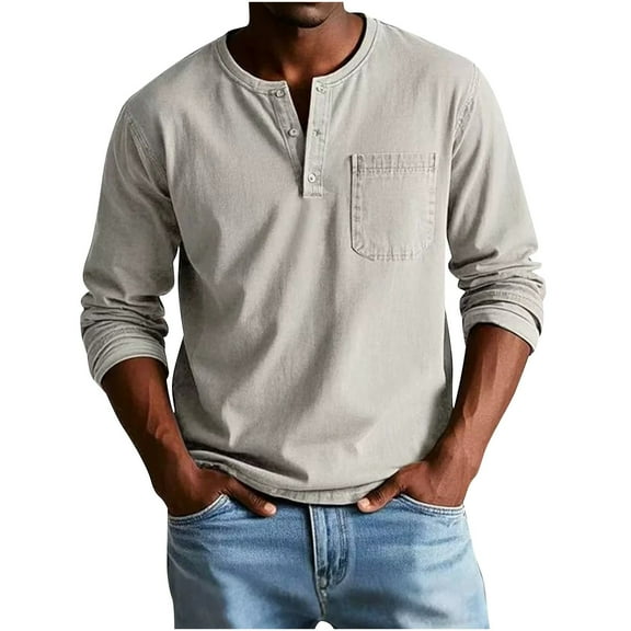 Royisotas Mens T Shirts Big and Tall Pocket Tops Button Up Pullover Long Sleeve Fashion Shirts for Men Crewneck