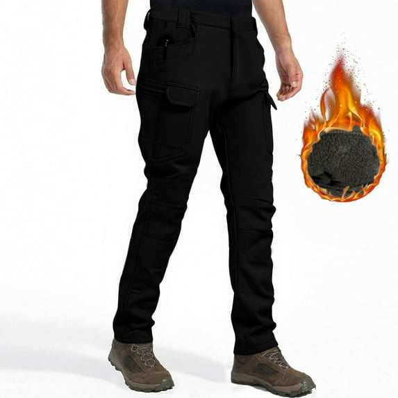 Royisotas Mens Winter Pants Black Warm Big and Tall Fleece with Pockets Cargo Pants for Men Fashion
