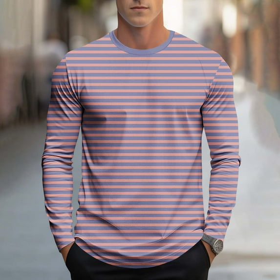 Royisotas Mens Winter Shirts Graphic Long Sleeve Tops Striped Big and Tall Athletic Pullover Pink Casual T Shirts for Men