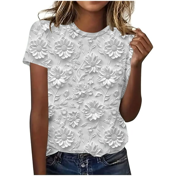 Royisotas Tops for Women Short Sleeve Summer Casual Shirts for Women Floral Gaphic Crew Neck Tshirts Shirts for Women