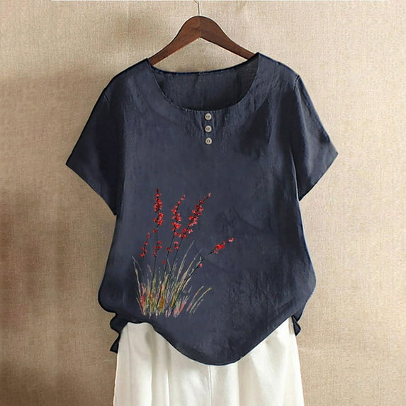 Royisotas Navy Women's Plus Size Tops Summer Short Sleeve Casual Shirts for Women Floral Gaphic Button Crew Neck Plus Size Tshirts for Women