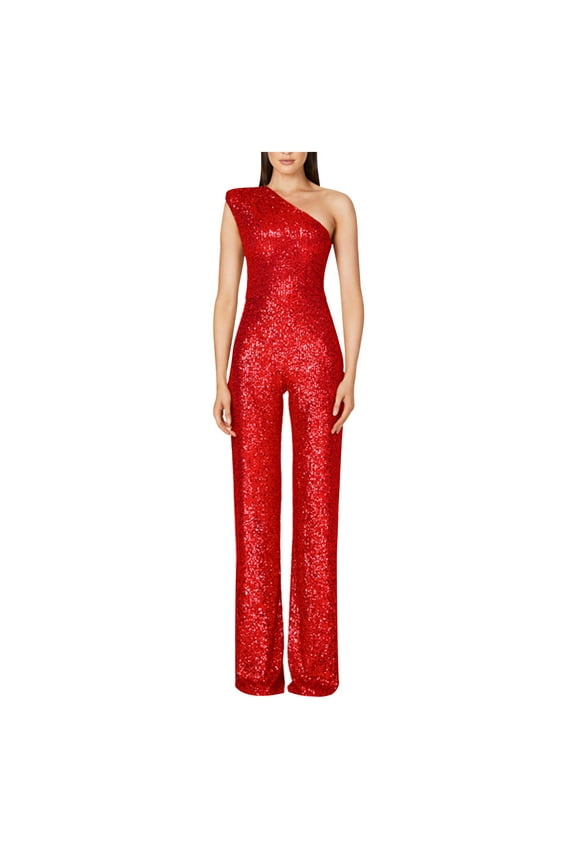 One Shoulder Fall Sequin Sleeveless Jumpsuits for Women Plus Size Slim Straight Tunic Strapless Plus Size Rompers