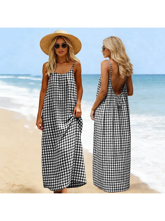 Open back Dress for Women Beach Linen-like Spaghetti strap Sleeveless Summer Casual Womens Plaid Maxi Dress