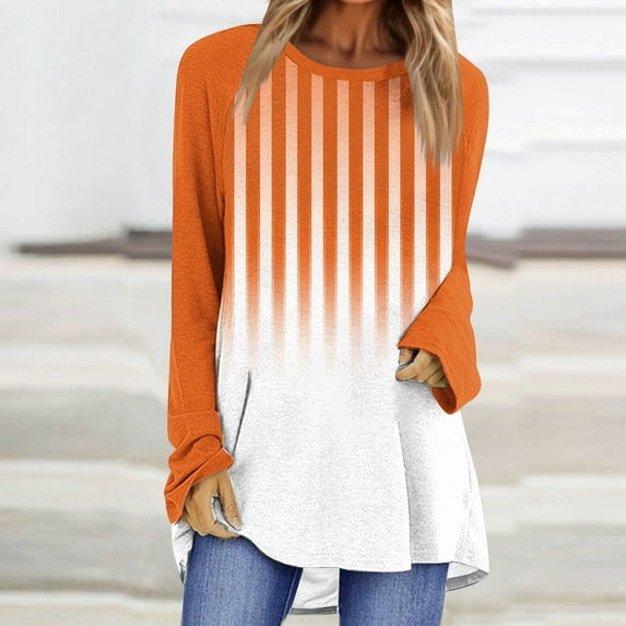 Royisotas Orange Womens Plus Tops Fall and Winter Striped Gradient Color Casual Long Sleeve Flounce Women's Blouses Raglan Sleeve Crew Neck Tshirts