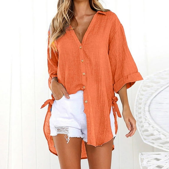 Royisotas Oversized Tops for Women Side Slit Winter Casual Long Sleeve Plus Size Button Down Shirts for Women Collared Orange Button up Shirts