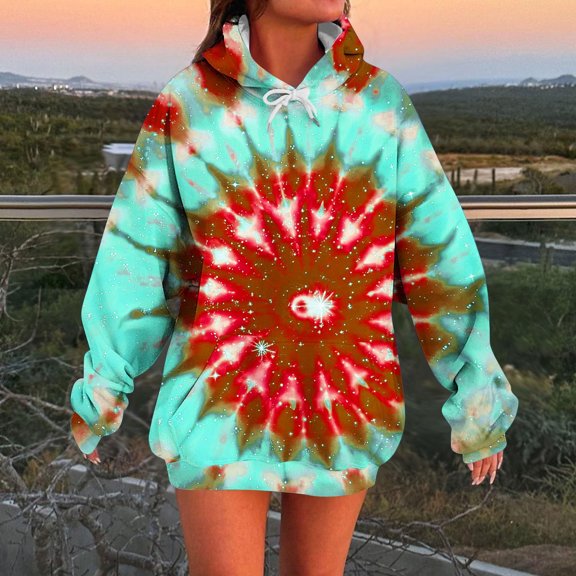 Royisotas Oversized Womens Hoodies Plus Size Tie Dye Fall Hooded Sweatshirts Casual Drawstring Long Sleeve Pullover with Pockets